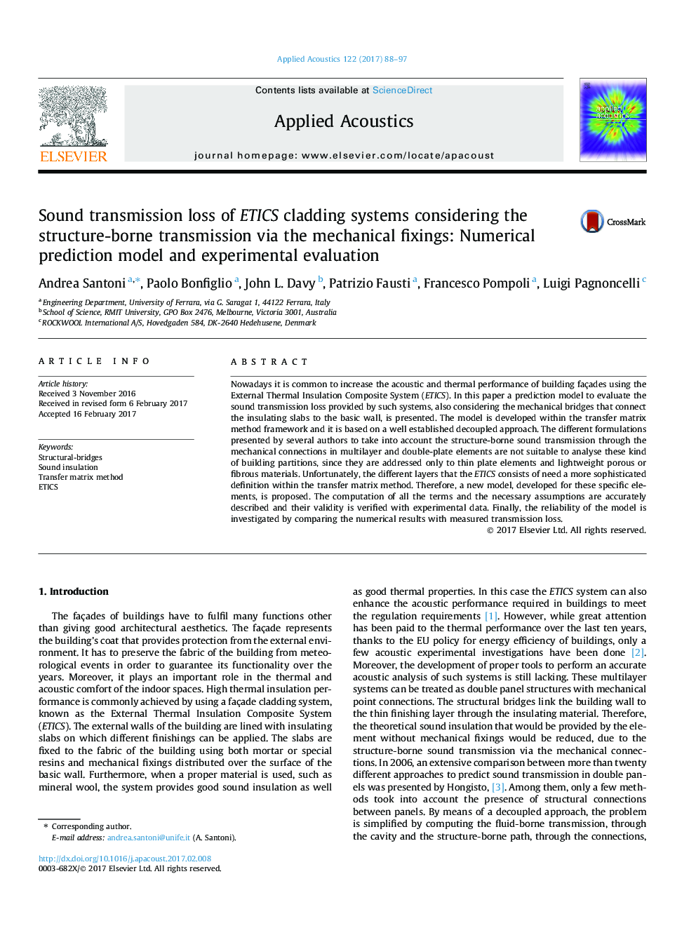 Sound transmission loss of ETICS cladding systems considering the structure-borne transmission via the mechanical fixings: Numerical prediction model and experimental evaluation
