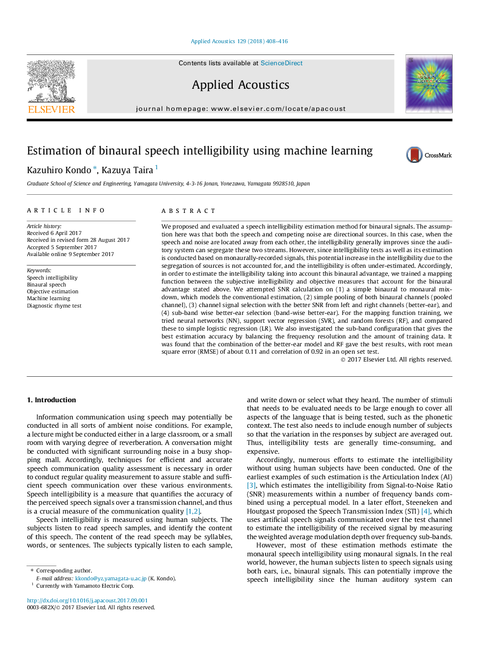 Estimation of binaural speech intelligibility using machine learning