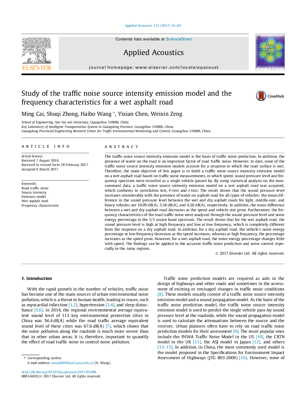 Study of the traffic noise source intensity emission model and the frequency characteristics for a wet asphalt road