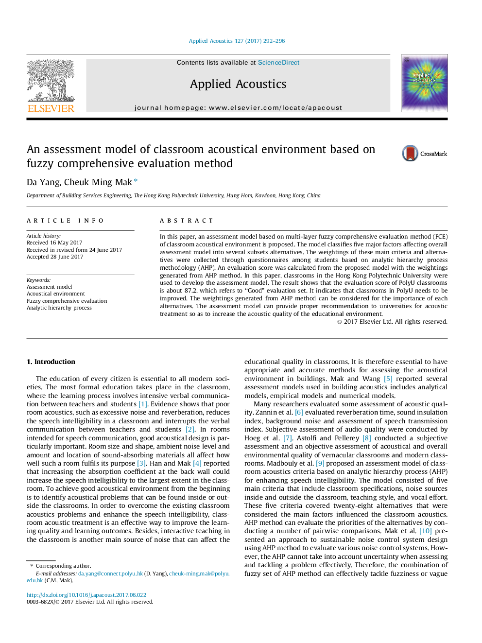 An assessment model of classroom acoustical environment based on fuzzy comprehensive evaluation method