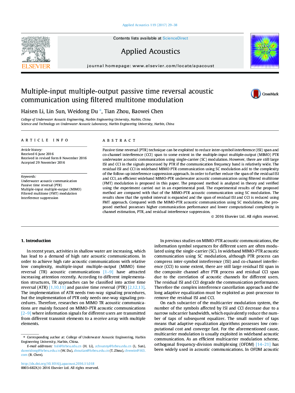 Multiple-input multiple-output passive time reversal acoustic communication using filtered multitone modulation