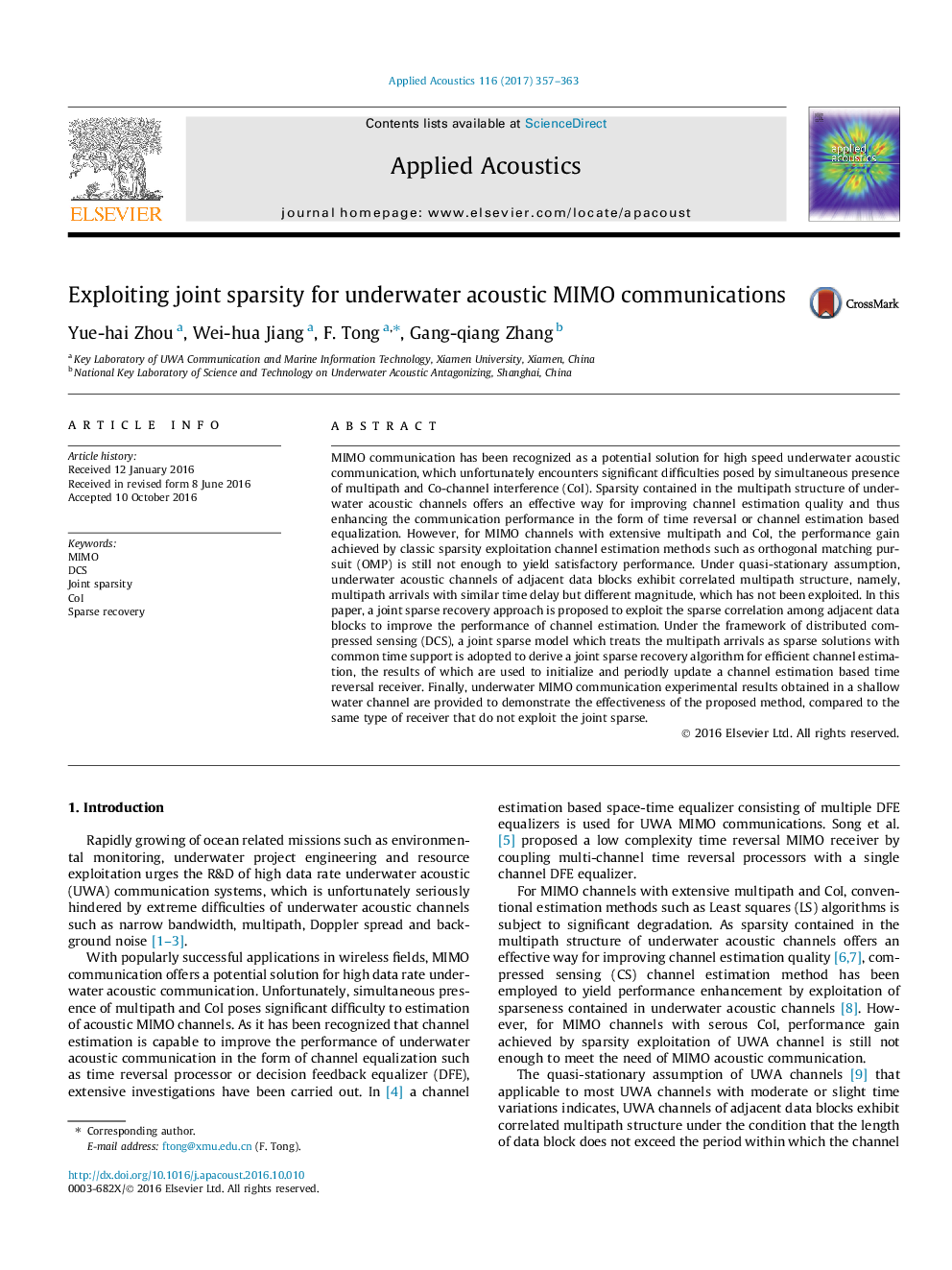 Exploiting joint sparsity for underwater acoustic MIMO communications