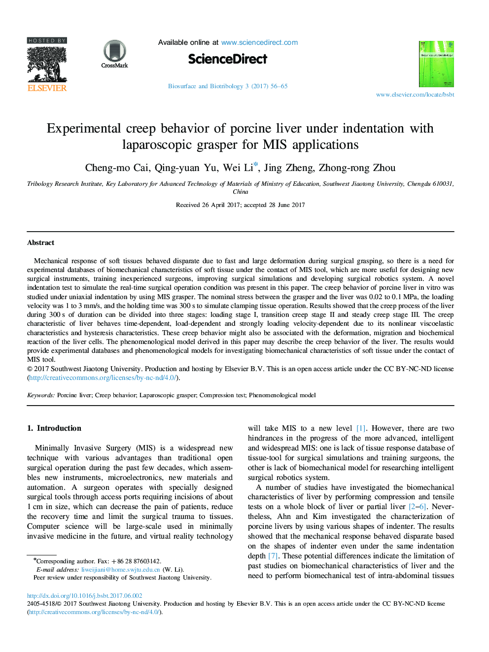 Experimental creep behavior of porcine liver under indentation with laparoscopic grasper for MIS applications