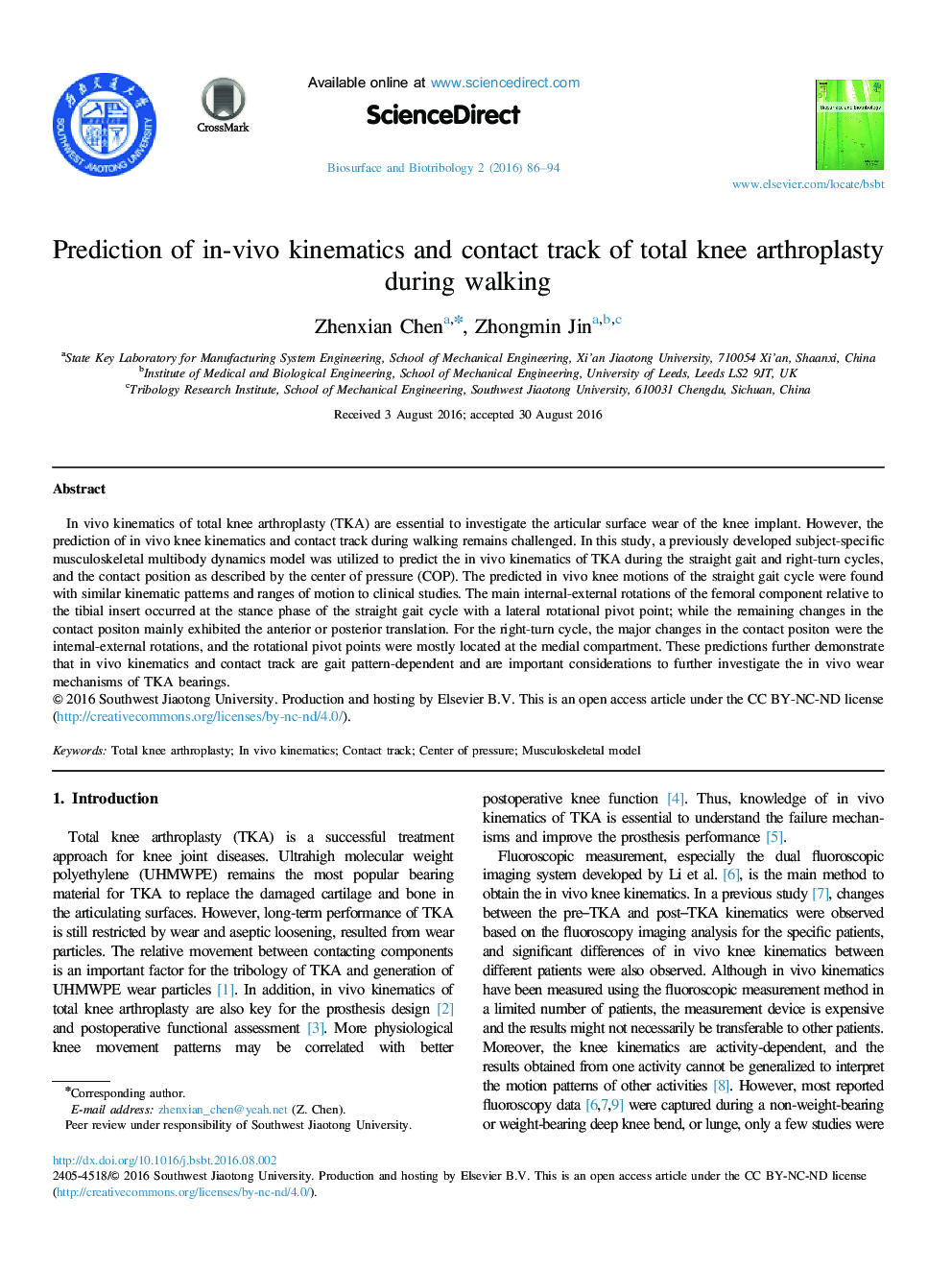 Prediction of in-vivo kinematics and contact track of total knee arthroplasty during walking