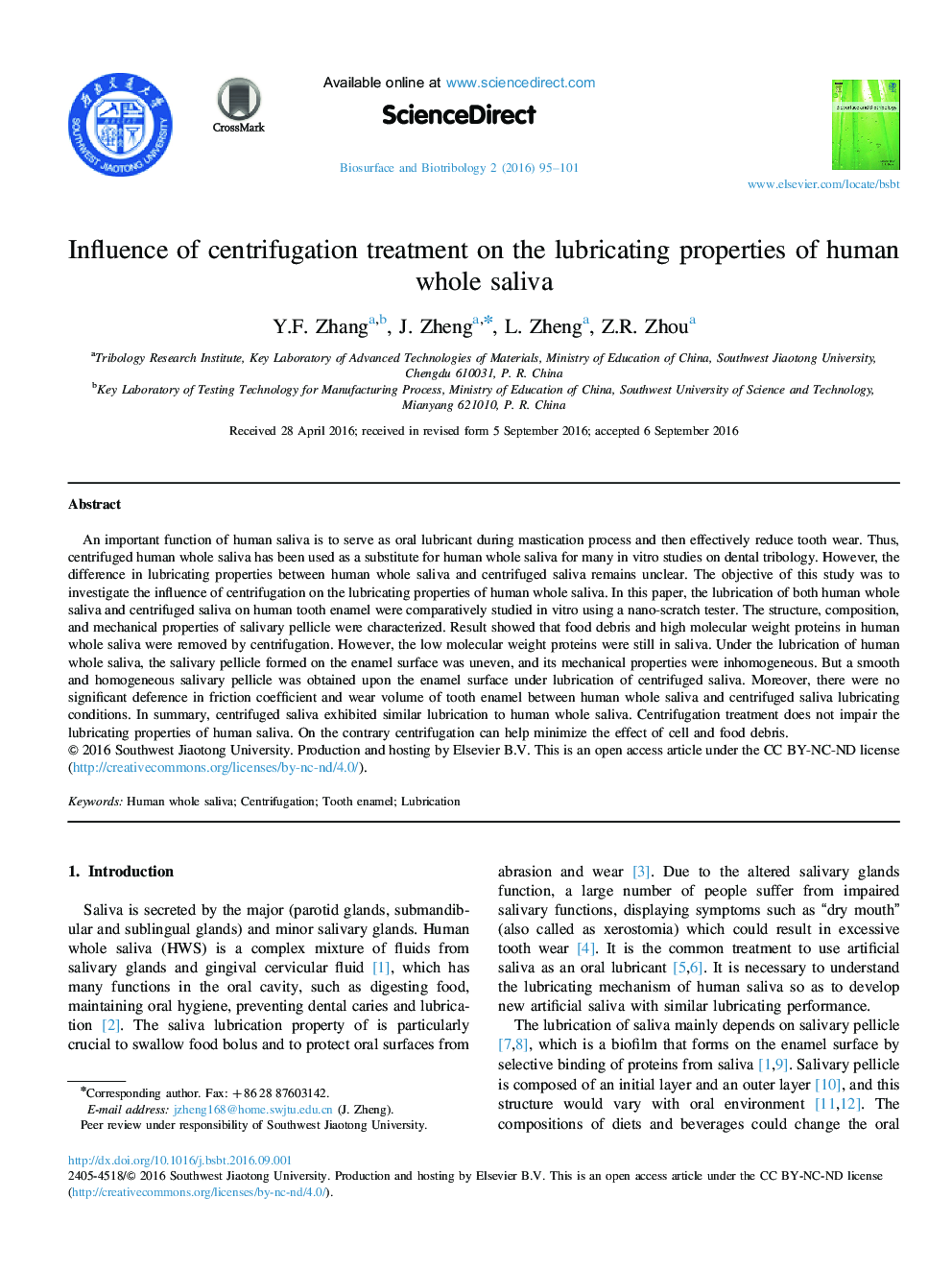 Influence of centrifugation treatment on the lubricating properties of human whole saliva