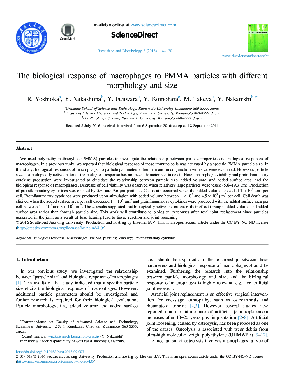 The biological response of macrophages to PMMA particles with different morphology and size