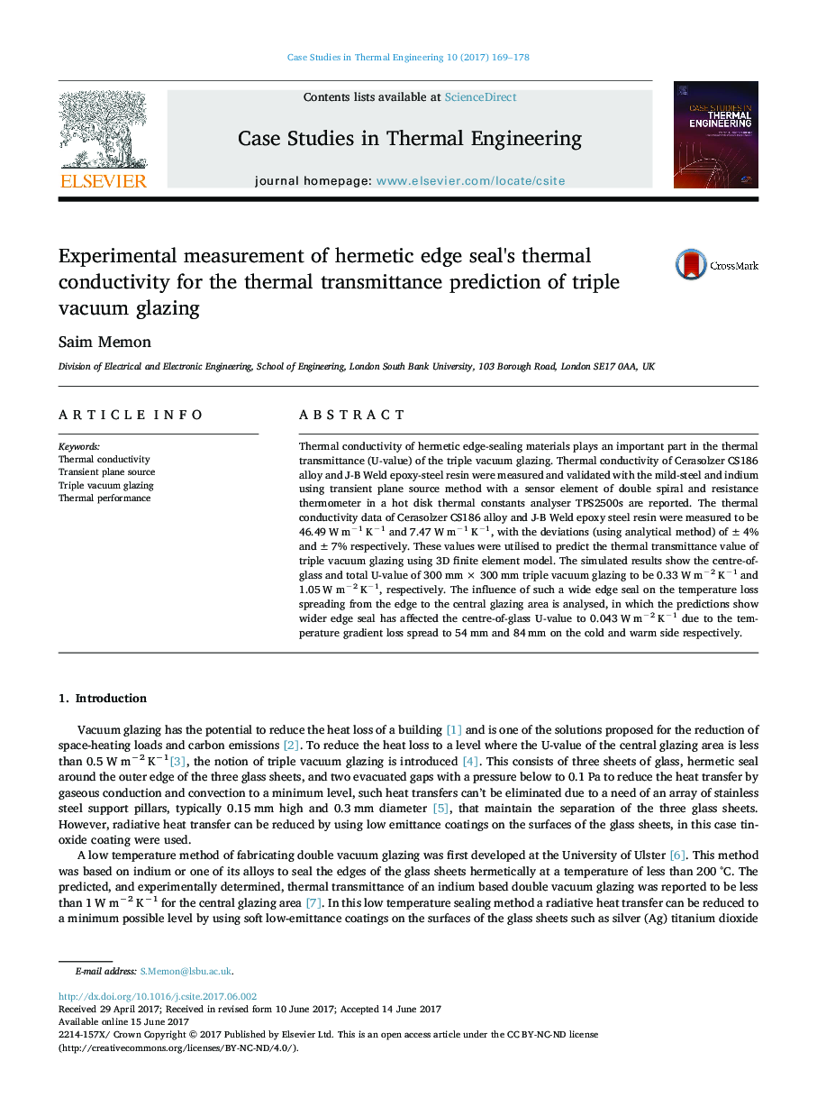 Experimental measurement of hermetic edge seal's thermal conductivity for the thermal transmittance prediction of triple vacuum glazing