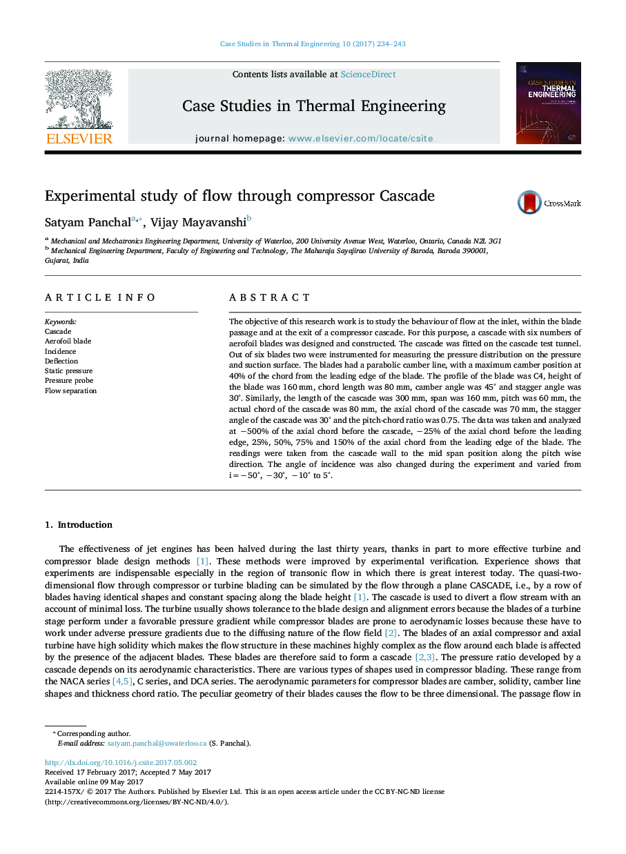 Experimental study of flow through compressor Cascade