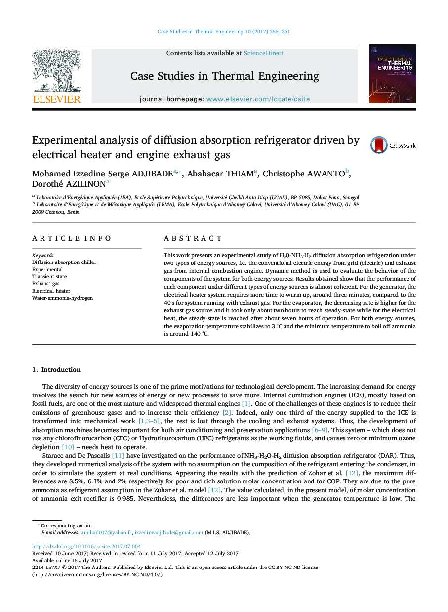Experimental analysis of diffusion absorption refrigerator driven by electrical heater and engine exhaust gas