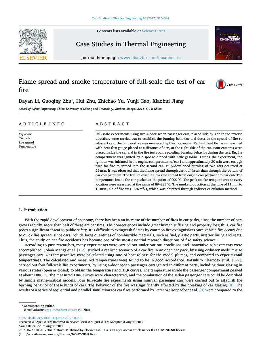 Flame spread and smoke temperature of full-scale fire test of car fire
