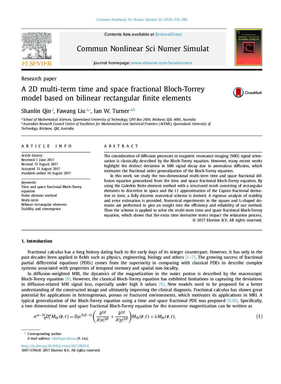 Research paperA 2D multi-term time and space fractional Bloch-Torrey model based on bilinear rectangular finite elements