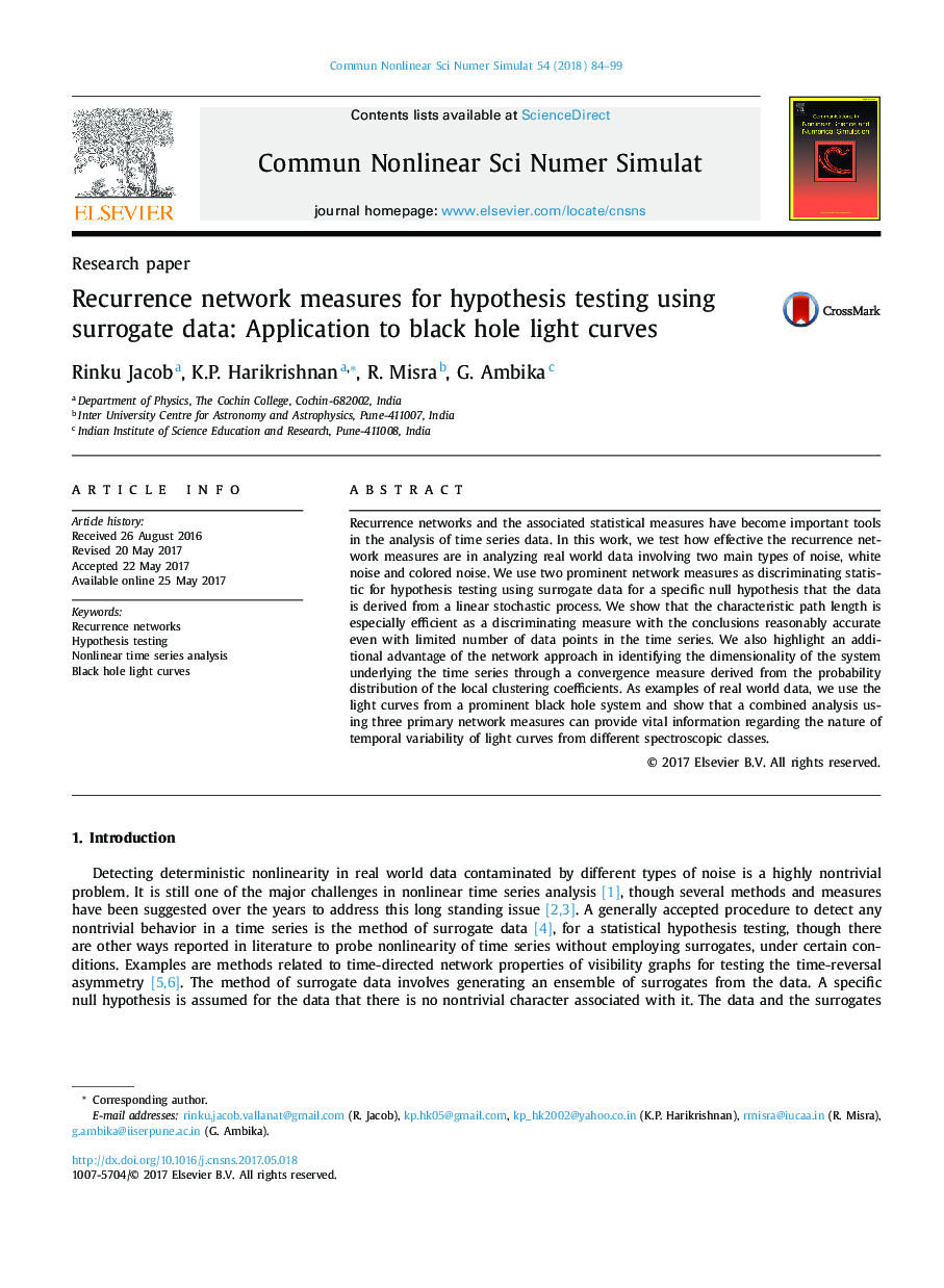 Recurrence network measures for hypothesis testing using surrogate data: Application to black hole light curves