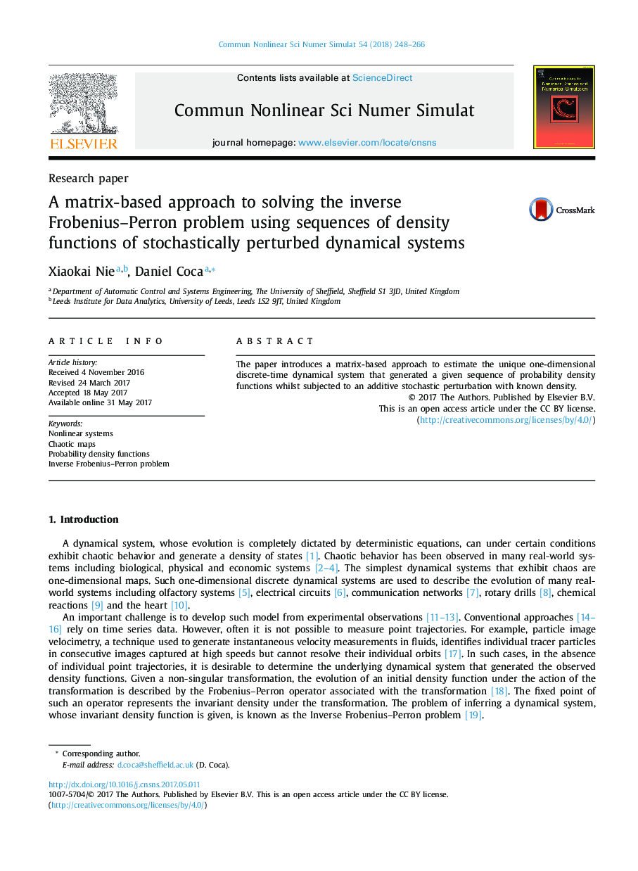 Research paperA matrix-based approach to solving the inverse Frobenius-Perron problem using sequences of density functions of stochastically perturbed dynamical systems