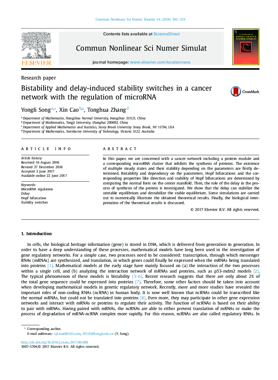 Research paperBistability and delay-induced stability switches in a cancer network with the regulation of microRNA