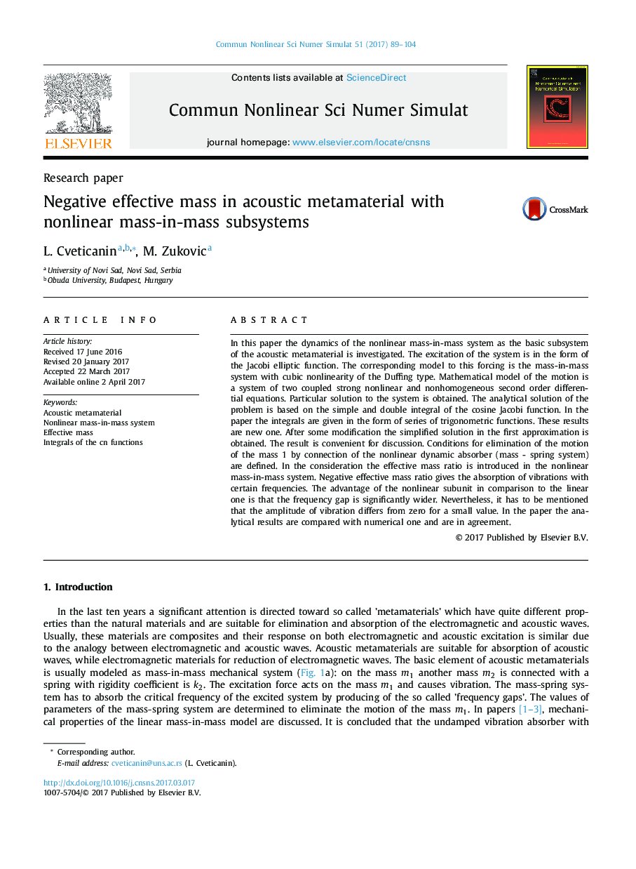 Research paperNegative effective mass in acoustic metamaterial with nonlinear mass-in-mass subsystems