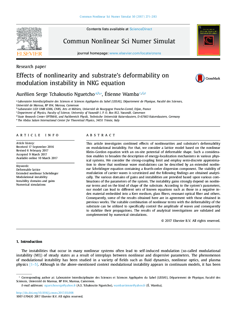 Research paperEffects of nonlinearity and substrate's deformability on modulation instability in NKG equation