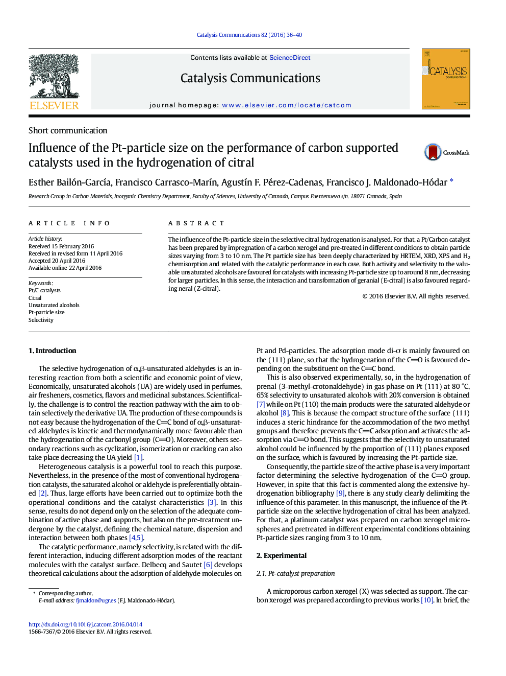 Influence of the Pt-particle size on the performance of carbon supported catalysts used in the hydrogenation of citral