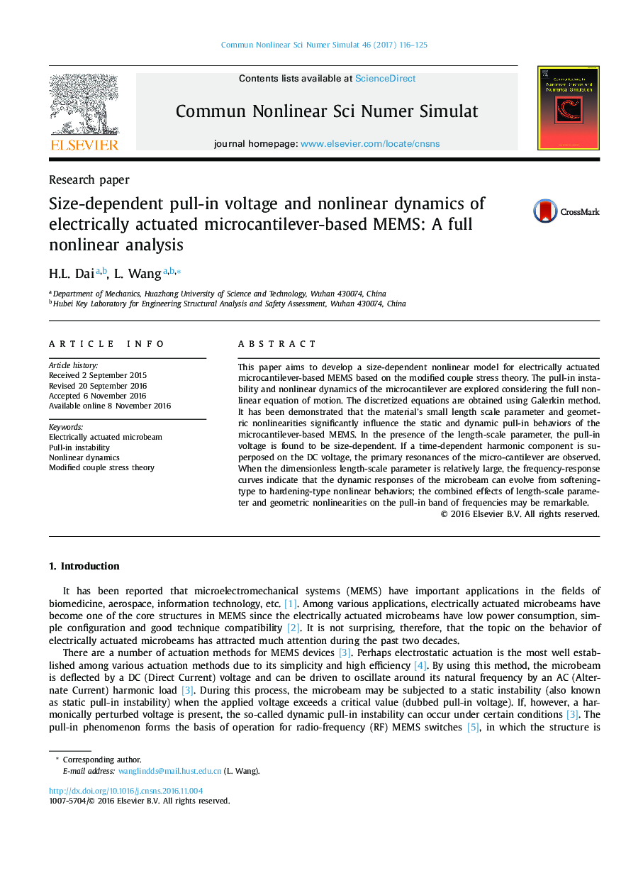 Size-dependent pull-in voltage and nonlinear dynamics of electrically actuated microcantilever-based MEMS: A full nonlinear analysis