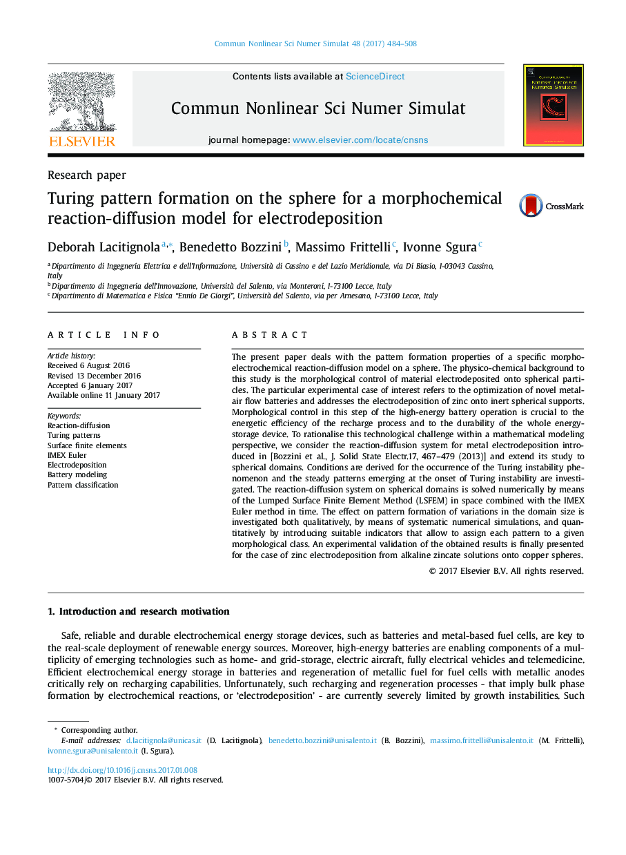 Research paperTuring pattern formation on the sphere for a morphochemical reaction-diffusion model for electrodeposition