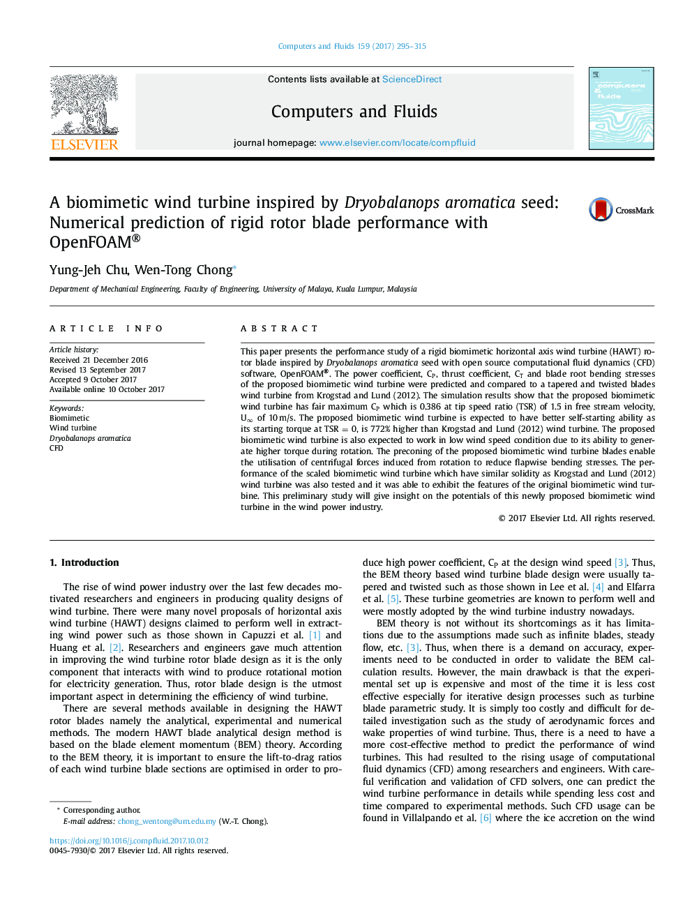 A biomimetic wind turbine inspired by Dryobalanops aromatica seed: Numerical prediction of rigid rotor blade performance with OpenFOAM®