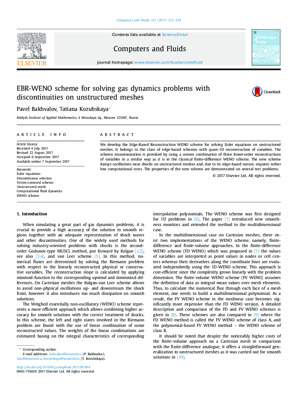 EBR-WENO scheme for solving gas dynamics problems with discontinuities on unstructured meshes