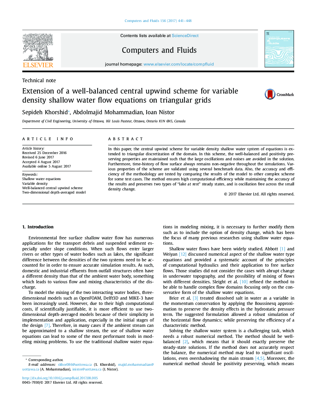 Technical noteExtension of a well-balanced central upwind scheme for variable density shallow water flow equations on triangular grids