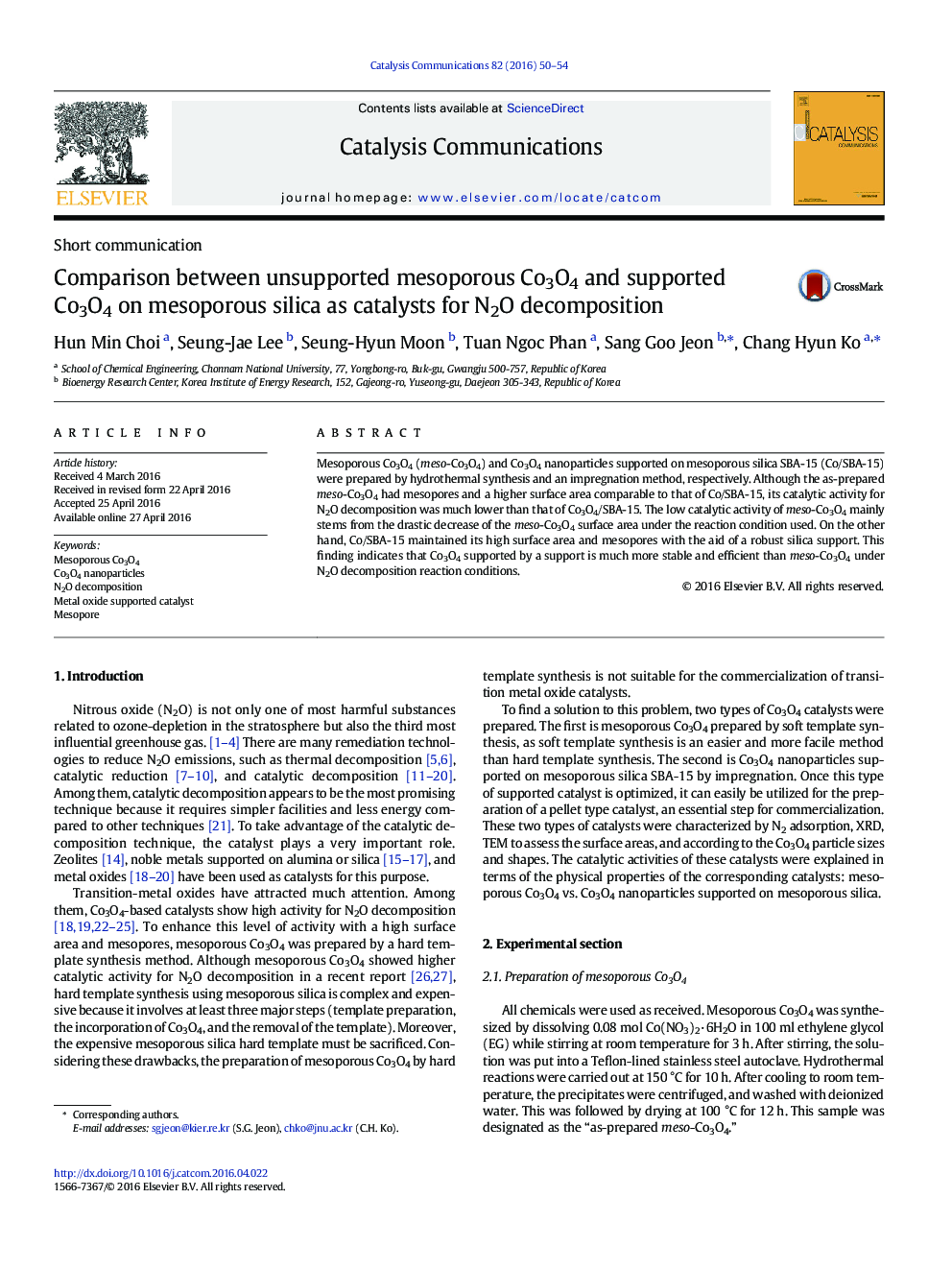 Comparison between unsupported mesoporous Co3O4 and supported Co3O4 on mesoporous silica as catalysts for N2O decomposition