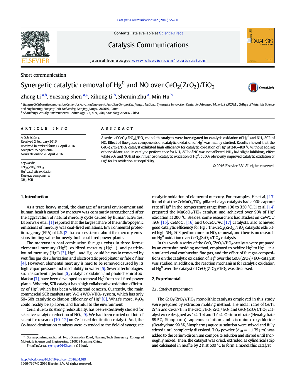 Synergetic catalytic removal of Hg0 and NO over CeO2(ZrO2)/TiO2
