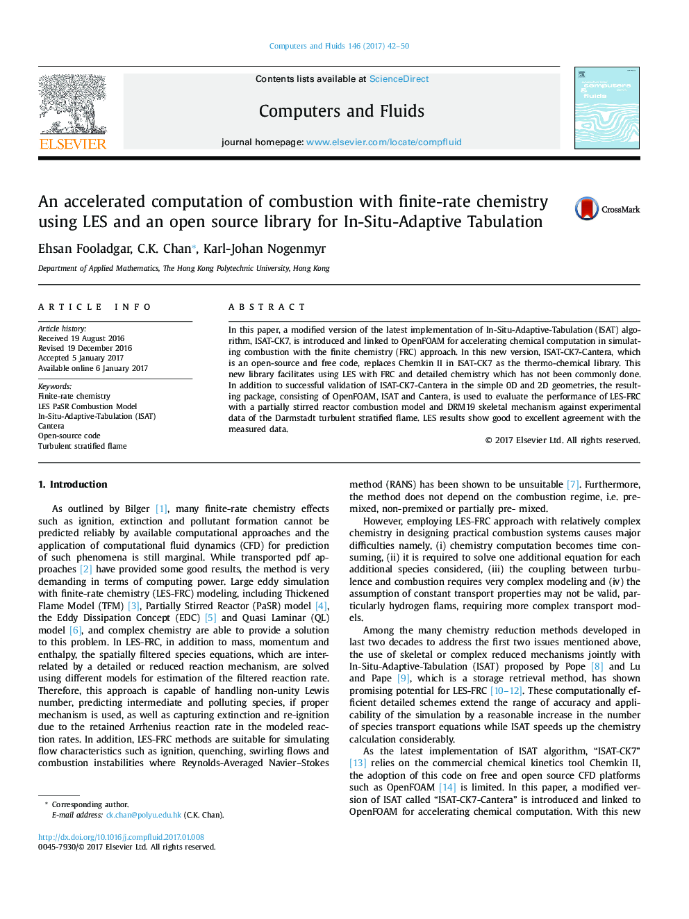 An accelerated computation of combustion with finite-rate chemistry using LES and an open source library for In-Situ-Adaptive Tabulation