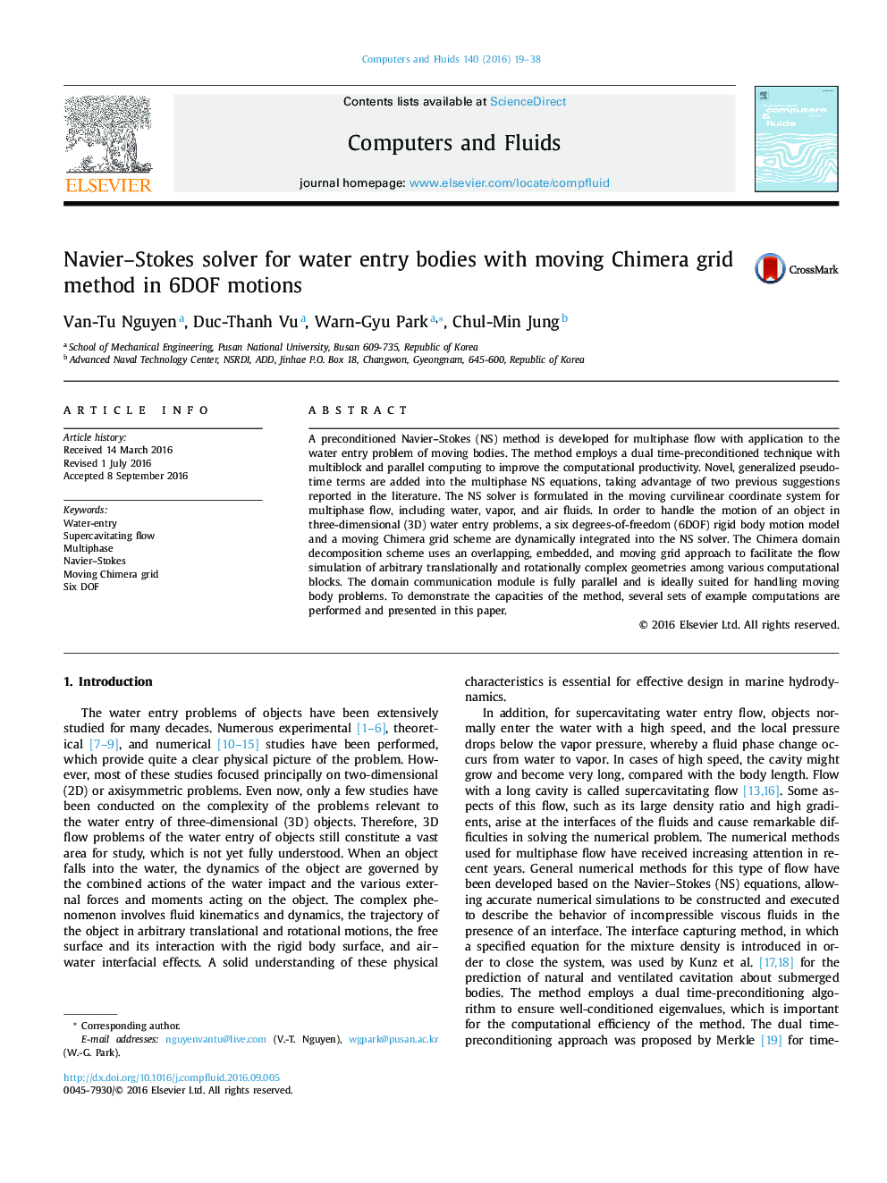 Navier-Stokes solver for water entry bodies with moving Chimera grid method in 6DOF motions