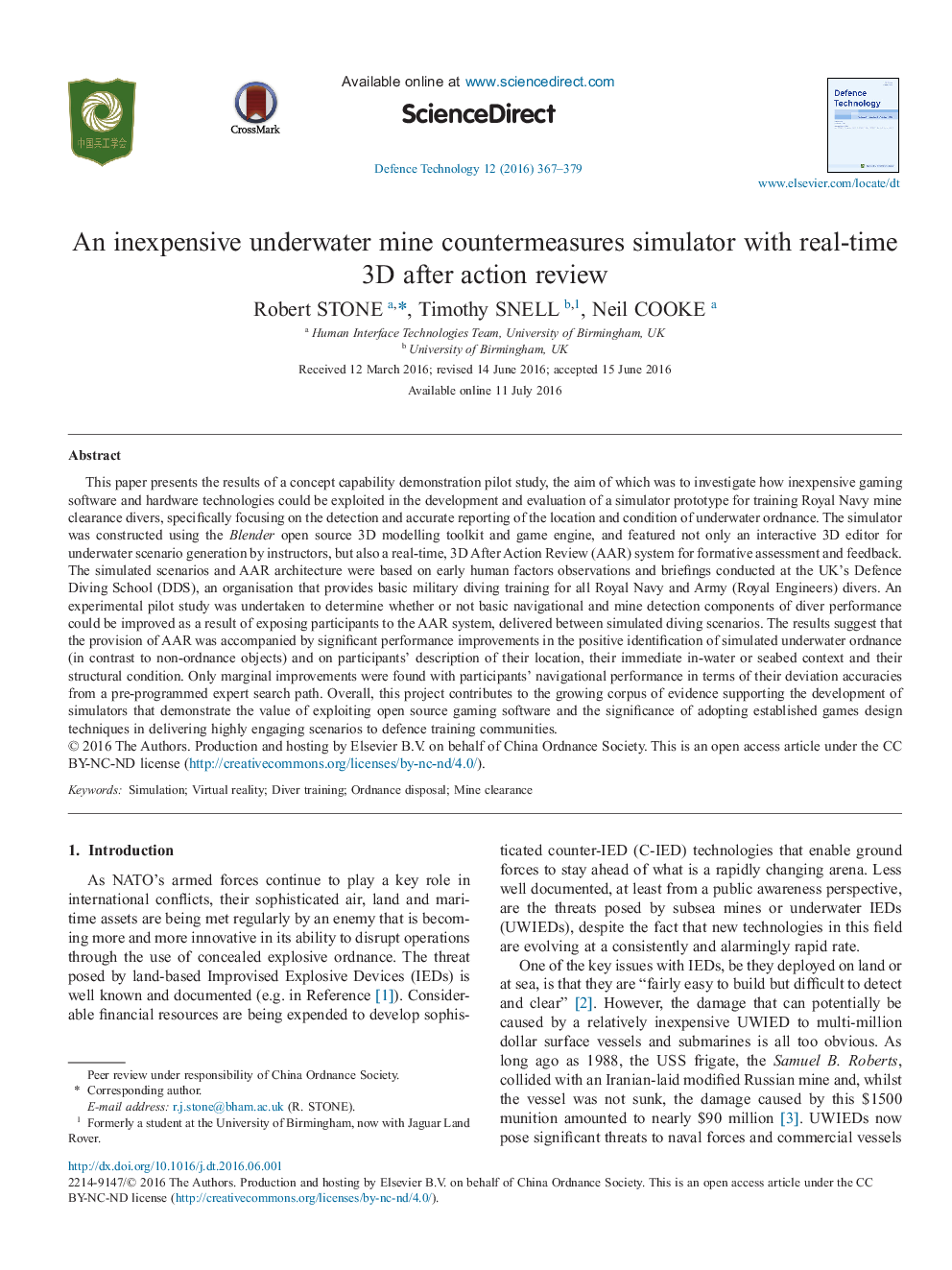 An inexpensive underwater mine countermeasures simulator with real-time 3D after action review