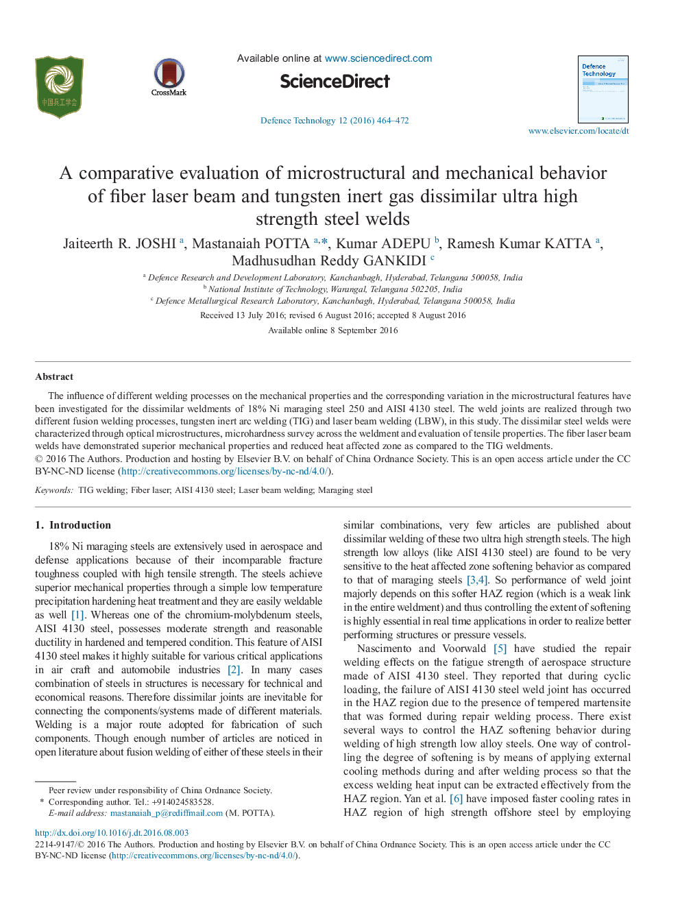 A comparative evaluation of microstructural and mechanical behavior of fiber laser beam and tungsten inert gas dissimilar ultra high strength steel welds