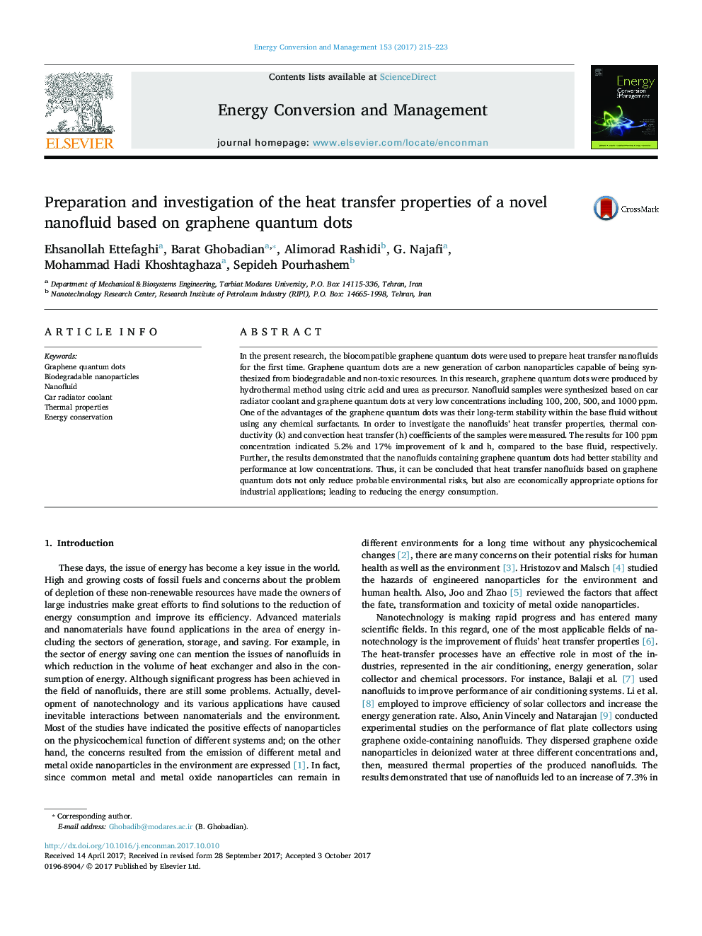 Preparation and investigation of the heat transfer properties of a novel nanofluid based on graphene quantum dots