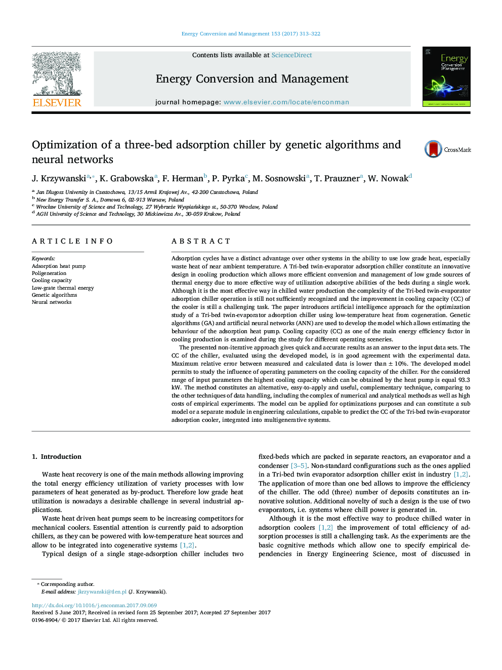 Optimization of a three-bed adsorption chiller by genetic algorithms and neural networks