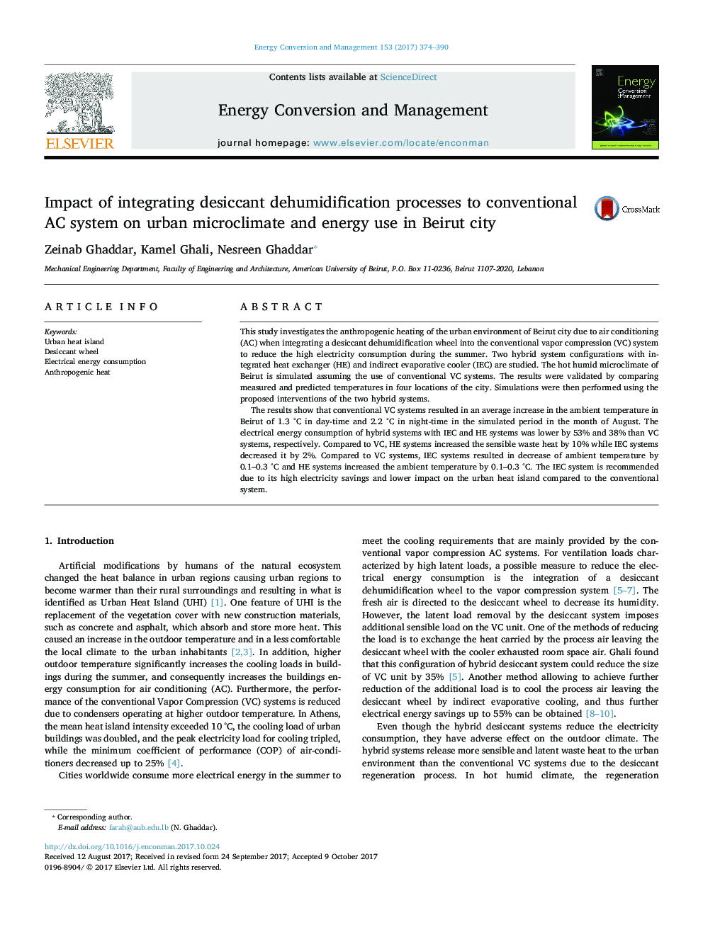 Impact of integrating desiccant dehumidification processes to conventional AC system on urban microclimate and energy use in Beirut city
