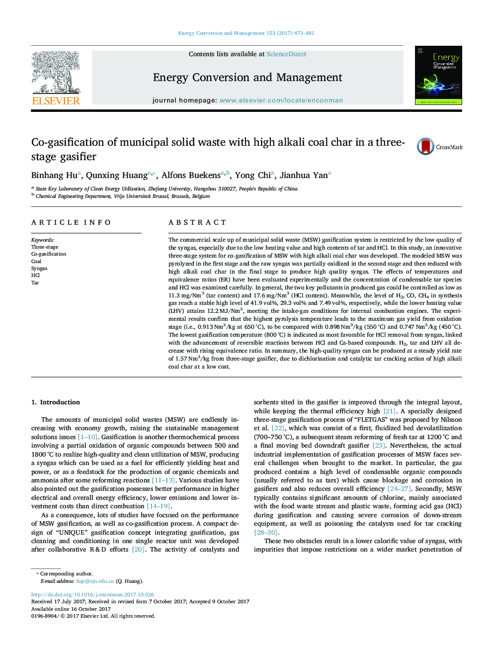 Co-gasification of municipal solid waste with high alkali coal char in a three-stage gasifier