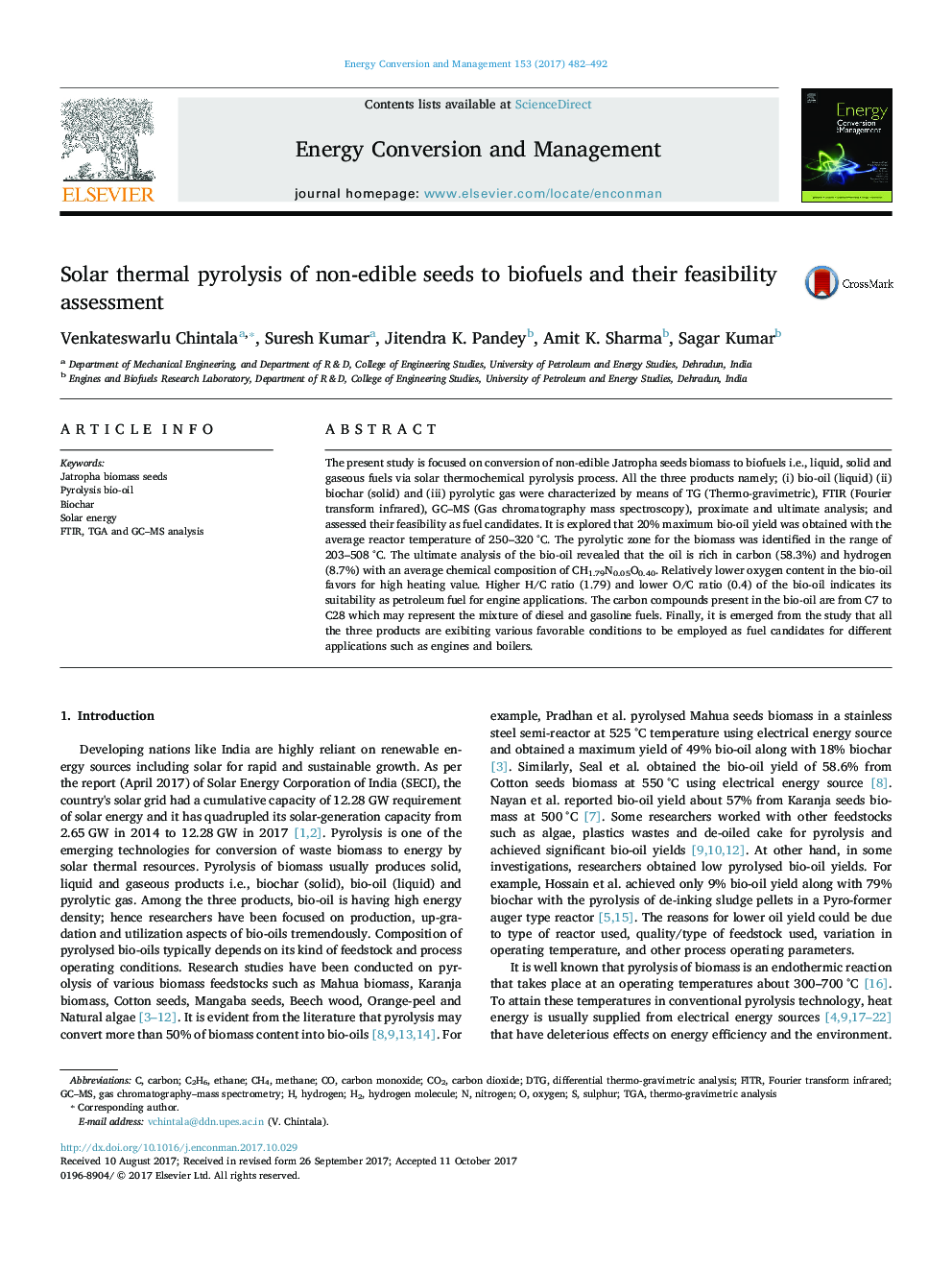 Solar thermal pyrolysis of non-edible seeds to biofuels and their feasibility assessment