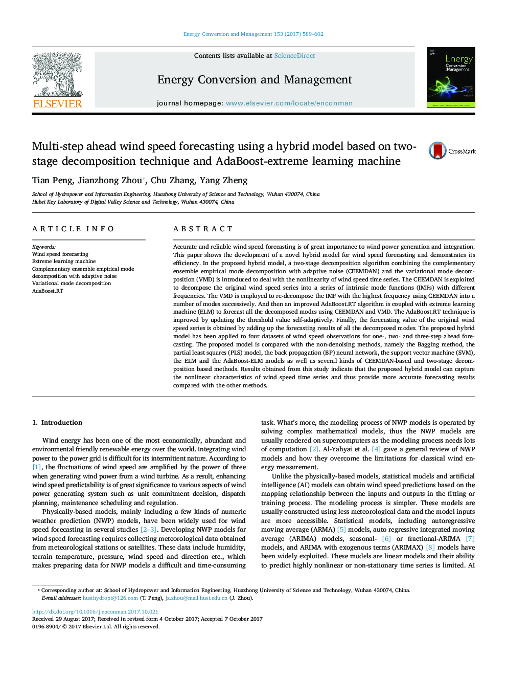 Multi-step ahead wind speed forecasting using a hybrid model based on two-stage decomposition technique and AdaBoost-extreme learning machine