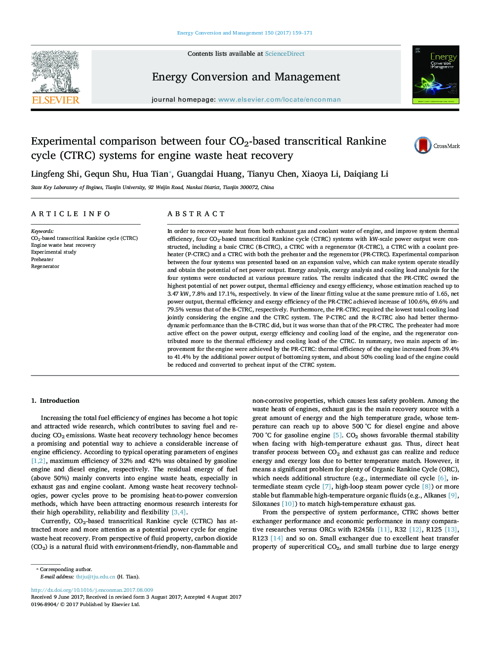 Experimental comparison between four CO2-based transcritical Rankine cycle (CTRC) systems for engine waste heat recovery