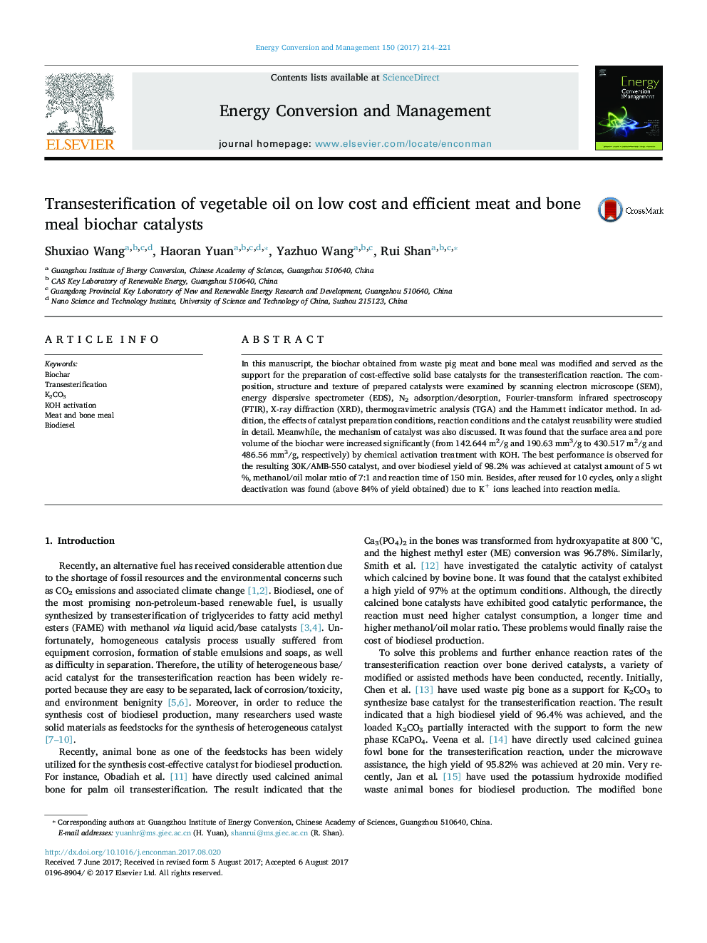 Transesterification of vegetable oil on low cost and efficient meat and bone meal biochar catalysts