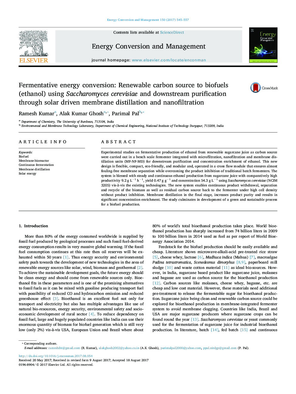 Fermentative energy conversion: Renewable carbon source to biofuels (ethanol) using Saccharomyces cerevisiae and downstream purification through solar driven membrane distillation and nanofiltration