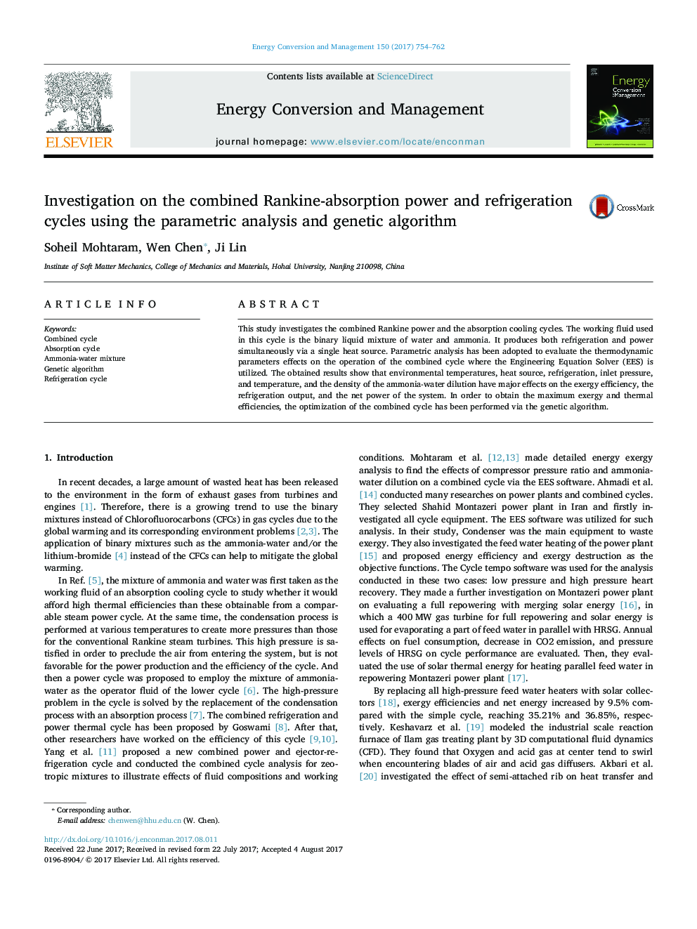 Investigation on the combined Rankine-absorption power and refrigeration cycles using the parametric analysis and genetic algorithm