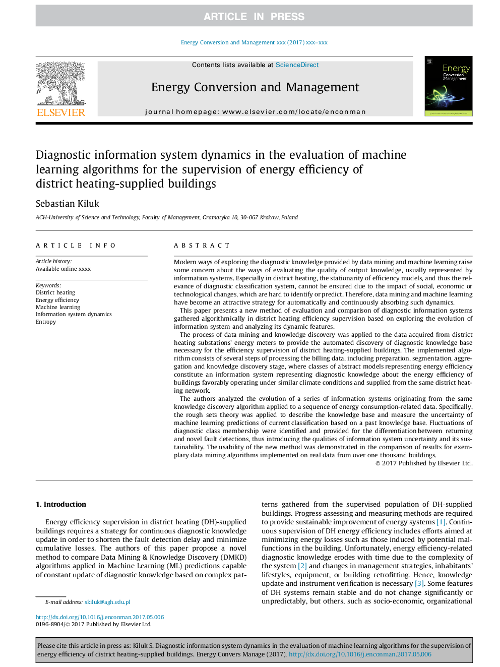 Diagnostic information system dynamics in the evaluation of machine learning algorithms for the supervision of energy efficiency of districtÂ heating-supplied buildings