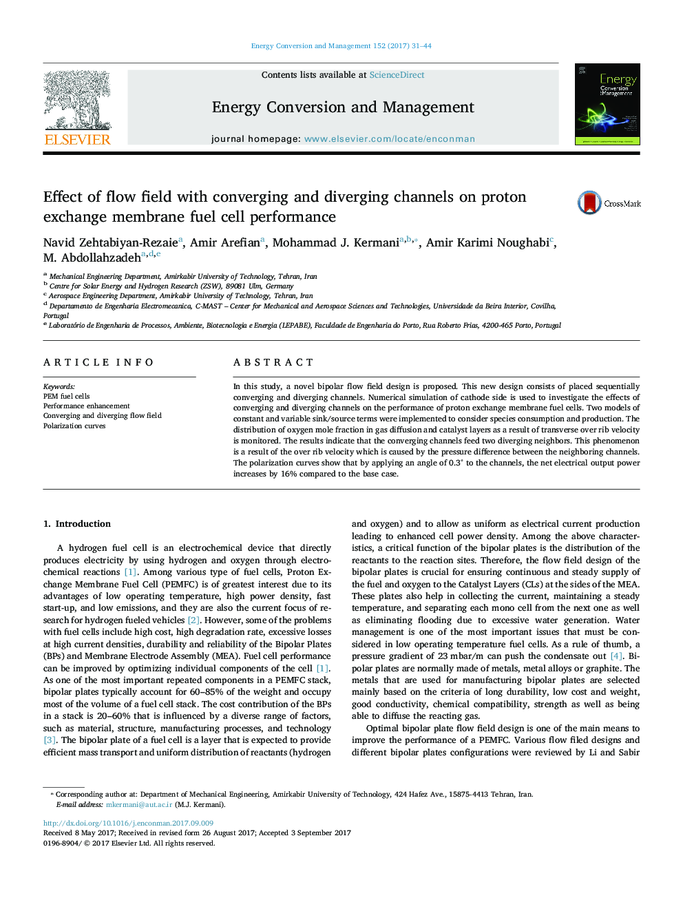 Effect of flow field with converging and diverging channels on proton exchange membrane fuel cell performance