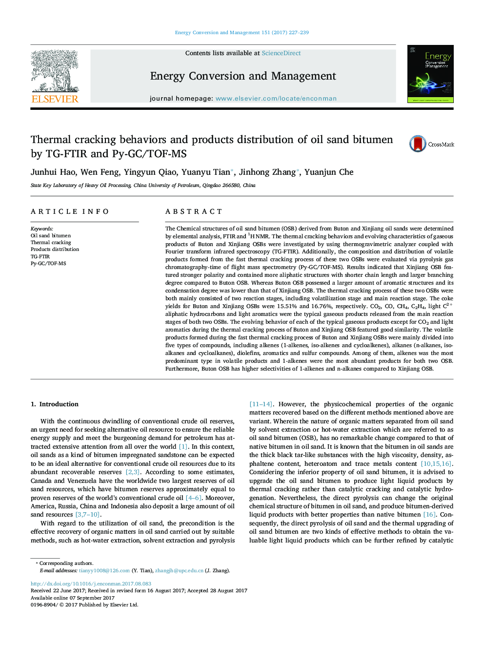 Thermal cracking behaviors and products distribution of oil sand bitumen by TG-FTIR and Py-GC/TOF-MS