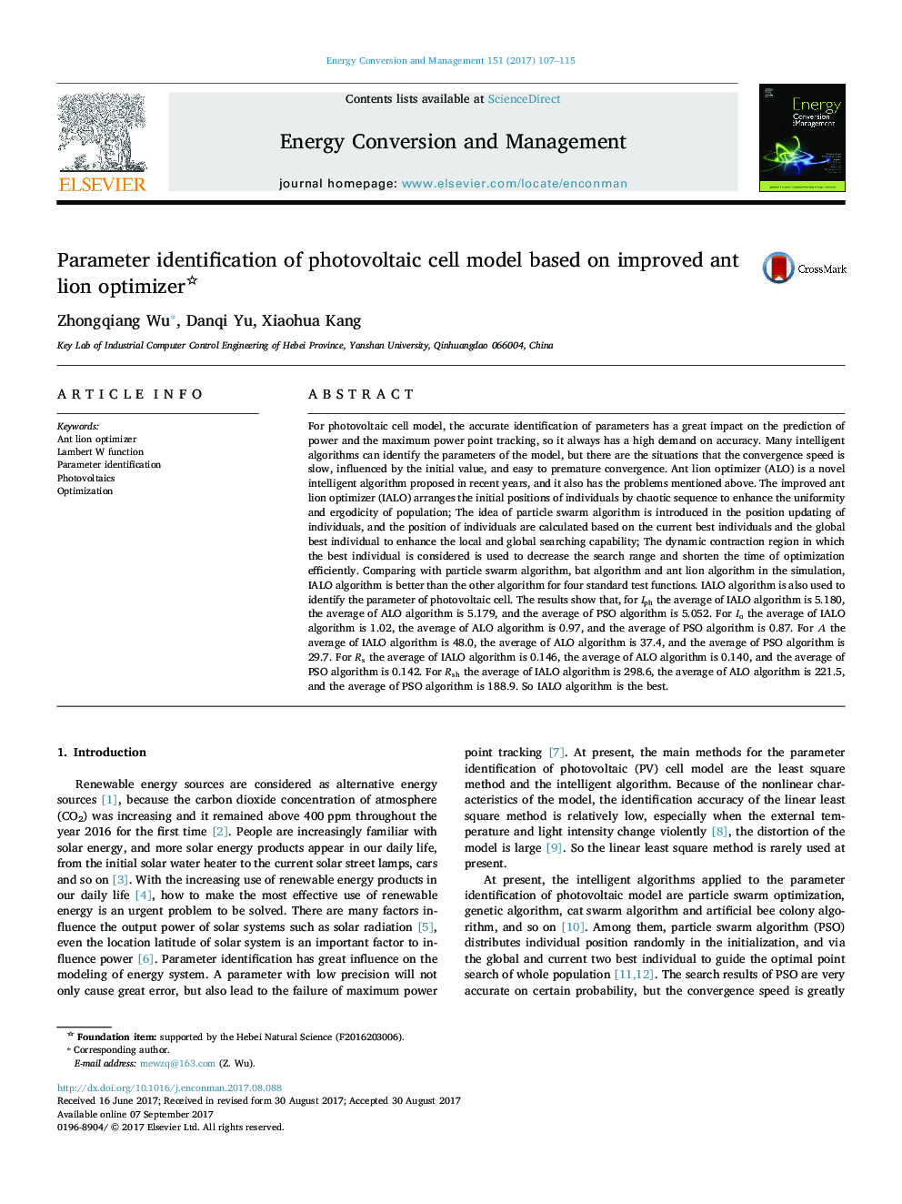 Parameter identification of photovoltaic cell model based on improved ant lion optimizer