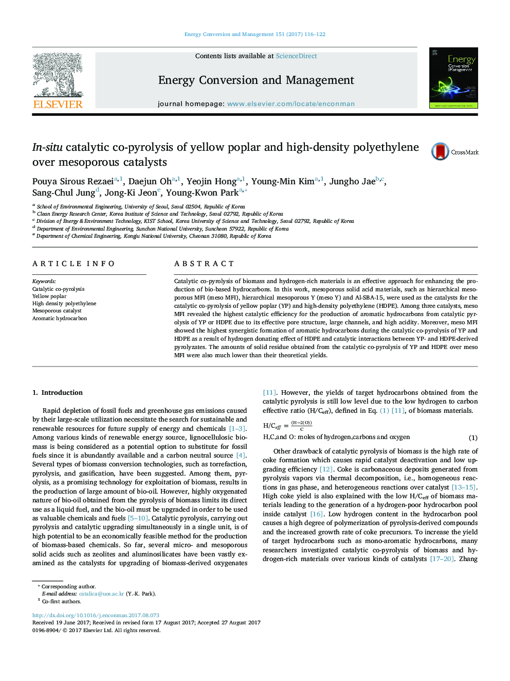 In-situ catalytic co-pyrolysis of yellow poplar and high-density polyethylene over mesoporous catalysts