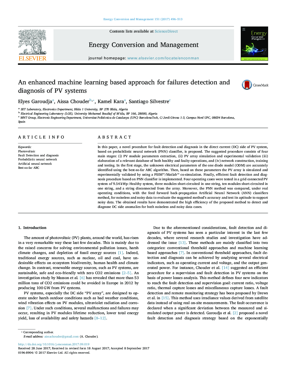 An enhanced machine learning based approach for failures detection and diagnosis of PV systems