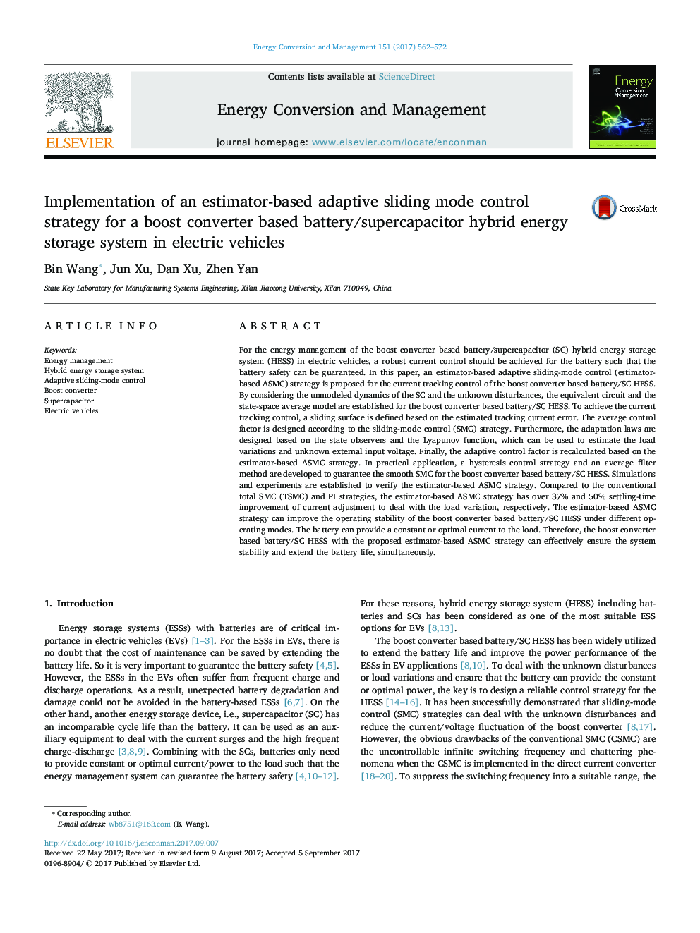 Implementation of an estimator-based adaptive sliding mode control strategy for a boost converter based battery/supercapacitor hybrid energy storage system in electric vehicles