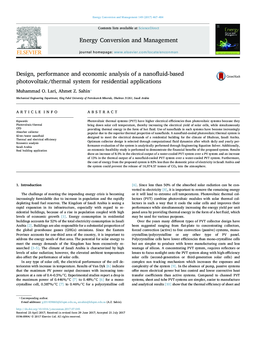 طراحی، عملکرد و تجزیه و تحلیل اقتصادی یک سیستم فتوولتائیک / حرارتی مبتنی بر نانوفیلد برای کاربردهای مسکونی 